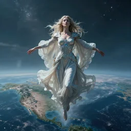 godess of artificial intelligence floating above a continent, sharp focus, by rozalski, cinematic, cinematic shot, megalophobia
