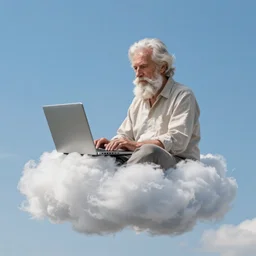 realistic photo of a bearded old man sitting on a cloud in the sky using a desktop computer 3 5 mm hdr sunny