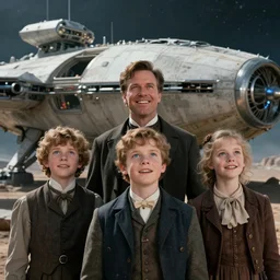 sharp, highly detailed, film from a blockbuster sci fi 8 k color movie, set in 1 8 6 0, family standing in front of a crashed spaceship, on a alien planet, looking happy, wearing 1 8 5 0 s era clothes, atmospheric lighting, in focus, reflective eyes, 3 5 mm macro lens, live action, nice composition, good photography, clear facial details