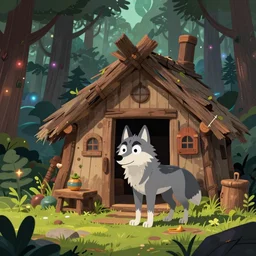 a cartoonish wolf is near a rustic ramshackle hut in a mystical forest full of wonders, pine trees, magical atmosphere, trending on artstation, 30mm, by Noah Bradley trending on ArtStation, deviantart, high detail, stylized portrait
