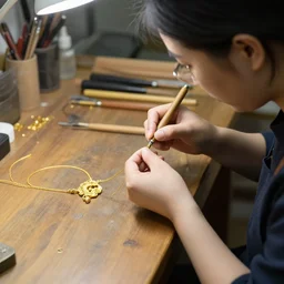 A chinese female goldsmith at her desk crafting a necklace