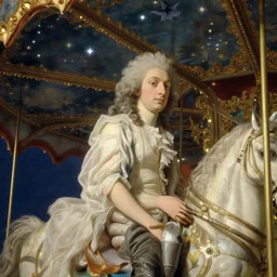 carousel showing the stars, stoic, light dust, magnificent, hyperdetailed, theatrical, close up, masterpiece, painted by jean honore fragonard and greg rutkowski