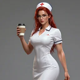 an nurse in a white dress and short sleeves holding coffee, muscular, goddess, beautiful, sweaty skin, wet flowing red hair, glasses, artstation, matte painting, made by greg rutkowski, concept art, epic portrait, 8 k, insanely detailed,