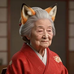 Ssunbuki as an old woman with fox ears and a red kimono, visualartzi, Japanese, concept art by Karla Ortiz, James Paick, Charlie Bowater, Krenz Cushart, highly detailed, ultra detailed, ultra realistic, trending on artstation, cgstudio