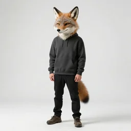 (man) with a coyote head anthropomorphic standing in a plain white room studio photo