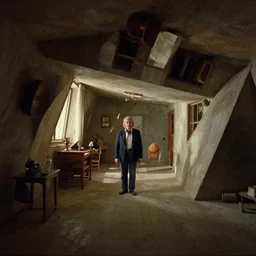 inside the upside down house, film still from the movie directed by denis villeneuve with art direction by salvador dali, wide lens