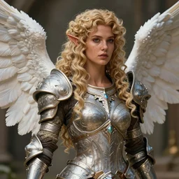 complex 3 d hyper realistic smooth ultra sharp render of a gorgeous angelic elven princess paladin valkyrie knight woman | tanned skin, curly dirty blonde hair, freckles | d & d, medieval, fantasy, goddess of beauty | intricate, high detail, octane render, cinematic | art by oh jinwook + 吵 集 仁 儿 on artstaion + takeshi obata + alphonse mucha