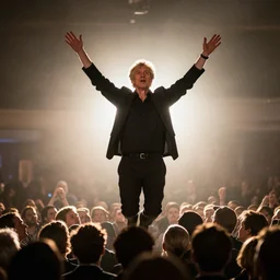 backlit levitating geert wilders raising both his arms amid a crowd, aesthetic