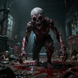 The Backrooms level 1 with a creepy creature and blood, unreal 5, hyperrealistic, octane render, cosplay, dynamic lighting, highly detailed, cinematic landscape