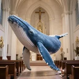 whale praying in church, whale has horse legs, ultra realistic, highly detailed
