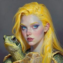 A head-on detailed oil portrait of a beautiful mutant turtle with pale blue eyes and long yellow hair by greg rutkowski and artgerm, trending on artstation