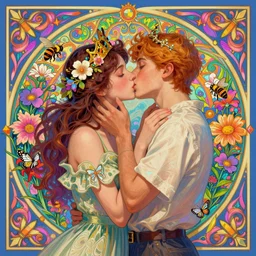 lovers, embracing, kissing, vaporwave aesthetic, synthwave, colorful, psychedelic, garden of eden, crown, flowers, bees, butterflies, ribbons, ornate, intricate, digital painting, artstation, concept art, smooth, sharp focus, illustration, art by artgerm and greg rutkowski and alphonse mucha