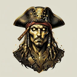 a black and gold image of pirate. neonounk. intricate masterpiece. circuitboard. rich deep colours. mark brooks