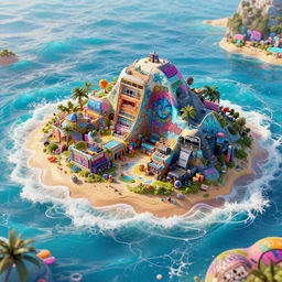 a cinematic shot of a plastic beach island waves caustics cumulo volumetric dynamic fluid simulation lighting impressive colorful masterpiece graffiti hyper perspective textured detailed intricate sharp focus 8 k octane render nvidia raytracing demo realistic illustration canon eos r 3 fujifilm x - t 3 0 sony alpha