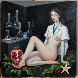 sensual, a dark apartment with black walls, portrait of a female pathologist, berries dripping juice, pomegranate, seaweed, berries, starfish, scientific glassware, neo - expressionism, surrealism, acrylic and spray paint and oilstick on canvas