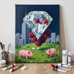 “ a portrait in an art student ’ s apartment, a berry and a big diamond, skyscraper, pork, art supplies, paint tubes, palette knife, pigs, weeds, white wax, squashed berries, acrylic and spray paint and oilstick on canvas, surrealism, neoexpressionism ”