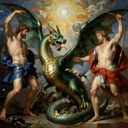 Heracles slaying the Lernaean Hydra, by Rolf Armstrong and Evelyn De Morgan and Bastien Lecouffe-Deharme, dramatic lighting, high contrast colors, baroque, empyrean, panoramic view, as trending on Artstation, highly detailed, doom engine,
