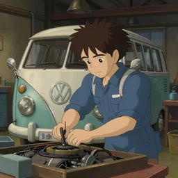 a wholesome animation key shot of a focused auto mechanic repairing  one old vw van in a workshop garage, medium shot, waist up, studio Ghibli and Disney animation, sharp, Rendered in Unreal Engine 5, anime key art by Greg Rutkowski, dramatic lighting