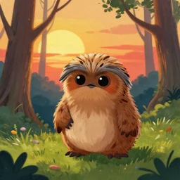 a cute ewok painting a picture of the sunset in the forest, digital art, colourful