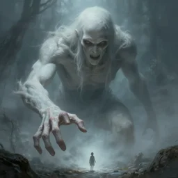 an immense beautiful terrifying pale humanoid giant reaches out towards a tiny human. ethereal horror fantasy art by greg rutkowski