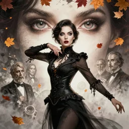 gorgeous female stella maeve magician, realistic character concept, medium shot, elegant pose, spooky, illustration, symmetrical face and body, cinematic lighting, detailed realistic symmetrical eyes, 8 k, jacob riis, joshua middleton, artgerm, akihiko yoshida, tom bagshaw, single face, insanely detailed and intricate elegant, autumn leaves