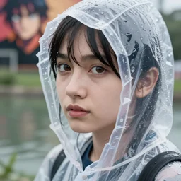 Cinestill 800t, 8K, highly detailed, seinen manga 3/4 closeup portrait, eye contact, focus on clear transparent see through raincoat model, tilt shift background: famous blade runner anime remake, pond scene