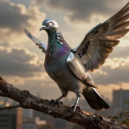robotic pigeon with chrome beak, metal wings, glowing eye, perched on a tree branch, golden hour, intense clouds, city background, complex electronics circuit board and wires, iridescent, grunge and dirt, sharp details, subdued color, octane render, designed by apple and tesla and giger, imax