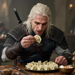 geralt from the witcher eating a dumpling