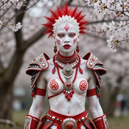 albino African woman warrior ornated armor war paint, detailed, jewelry, sakura,photograph, award wining, red and white, trending on artstation, punk attitude, 4k, unreal engine 5, octane render, neon highlights