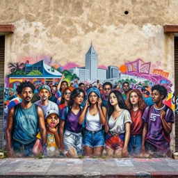 amazing graffiti of a crowd on an old wall, hyper detailed, photorealistic, hd