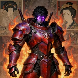 composition portrait of gothic and futuristic, warhammer, cyber japan style armor, more and more scars, firestorm, lightsalmon and mediumvioletred, lightning in eyes, highly detailed, artstation, in the style of moebius, jugendstil and classic japanese print, art by rene magritte