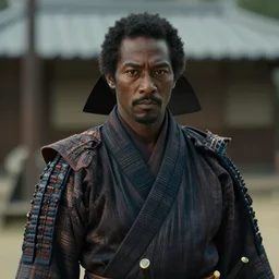 a film still of a black man starring in a japanese blockbuster film as an ancient samurai, shallow depth of field, cinematic, award winning cgi, vfx, film still