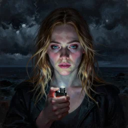Elle Fanning in a dark endless void holding a lighter in the world of Adam Wyeth, head and shoulders portrait, stormy weather, extremely detailed masterpiece, oil on canvas, low-key neon lighting, artstation, Blade Runner 2049, Roger Deakin’s cinematography, by J. C. Leyendecker and Peter Paul Rubens and Edward Hopper and Michael Sowa,