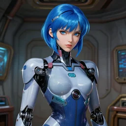 intense demeanor. close portrait. ship interior bg. screenshot of a scene in metroid zero of pretty beautiful lithe feminine cybernetic robot painted by norman rockwell. character designed by hideaki anno. bodysuit. lustrous blue hair. digital. lighting by james gurney. trending on artstation. masterpiece. artgerm mucha rutkowski.