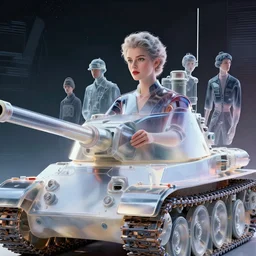 retrofuturistic portrait of a girldriving a tank, reflective gradient smooth transparent surfaces, space graphics art in background, close up, quint buchholz, wlop, dan mumford, artgerm, liam brazier, peter mohrbacher, raw, featured on artstation, octane render, cinematic, elegant, intricate, 8 k