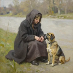 oil painting of the beggar and his dog sitting outside of varrok west bank