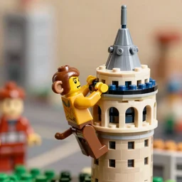a lego monkey climbing on galata tower, lego movie style, macro shot, bokeh