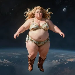 fat woman with cowboy boots floating in space