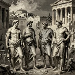 painting of the figures of four people in an ancient greece scenery, high contrast, concept art, town, temple, statue, dramatic lighting, digital art, 8 k, extremely detailed, drawn by ruan jia