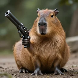 portrait of a capybara!!! holding with a gun!!!! from the new science fiction movie capybara with gun, 8 k photo still, 8 k, f 1. 8, macro - w 7 0 8