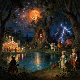 a night carnival around a magical tree cavity, with a surreal orange moonlight and fireworks in the background, next to a lake with iridiscent water, christmas lights, volumetric lightning, folklore creatures and fantastic animals and people disguised as fantastic creatures in a magical forest by summer night, masterpiece painted by gustave baumann and bernardo bellotto, scene by night, dark night environment, refraction lights, glares