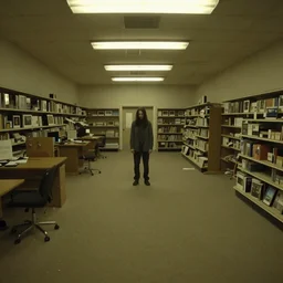 the creature from It Follows in a Liminal space, the backrooms, office/thrift store/social hall, carpet, abandoned, poor fluorescent lighting, yellow tint, security camera footage, low resolution