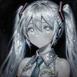 A bright thick silver liquid seeping through,highly detailed painting of Hatsune Miku with sparkly googly anime eyes, chiaroscuro, masterpiece painted by Claude Monet, nacre painting, paint-on-glass painting, pastel oil inks, very ethereal, dark, chiaroscuro, nacre, neon static, neon gradient, vantablack, chiaroscuro, paint-on-glass painting, oil inks, very ethereal, silver light
