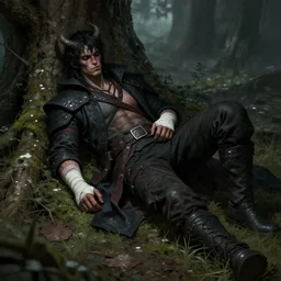 an injured demon hunter lies under a tree and bandages his wounds after a recent battle, 4k, artstation, grimdark style