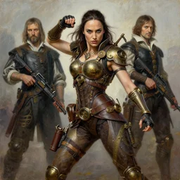oil painting highly detailed steampunk gal gadot action pose : leonardo da vinci, greg rutkowski, magali villeneuve