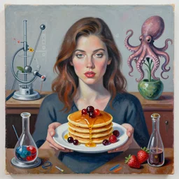 a portrait in a dump, a woman holding pancakes, honey dripping, berries dripping, strawberries, scientific instruments, ikebana, octopus, neo - expressionism, surrealism, acrylic and spray paint and oilstick on canvas