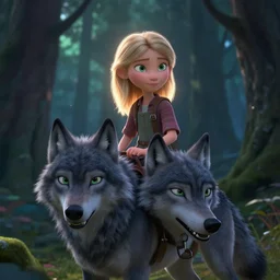 medium shot young girl, blond hair green eyes, astride a gray wolf, in a dark forest, mysterious, backlit, beautiful still from a pixar dreamworks movie, trending on artstation