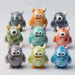 9 cute monsters, made of gemstone + mineral pigment + plastic, highly detailed, 4 k,