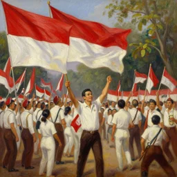 Oil painting of Independence Day Celebration in Indonesia with Indonesian Flag in the background, thomas kinkade, rembrandt