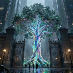 a holographic tree in front of massive gates of a cyberpunk city, raining, explorers in front of the gate, fantasy art, art by greg rutkowski and artgerm, amazing detail, hd, illustration, epic, intricate, nightmare, elegant, artstation, concept art, smooth, sharp focus, cinematic